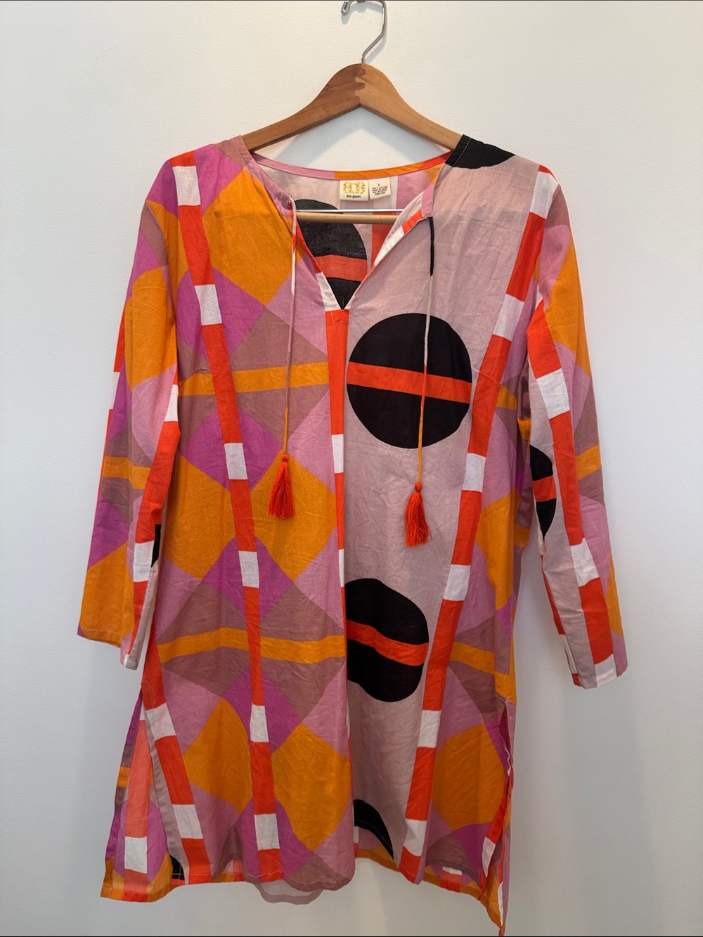 Boo Gemes Colorful Geometric Tunic Dress/Swim Coverup Pink, Orange & Black